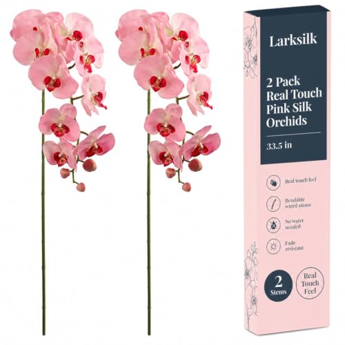 Larksilk 2 Pack Real Touch Pink Silk Orchids - 33.5 Faux Phalaenopsis Orchid Stems that Look Real for Vases Wedding Centerpieces & Home Decor