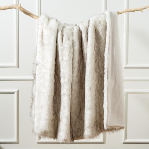 BATTILO HOME Luxury Ivory White Faux Fur Throw Blanket for Bed, Extra Large Super Soft Fluffy Cozy Fall Thick Warm Fox Fur Throw Blankets for Couch, Bed Reversible to Plush Velvet (60″x80″)