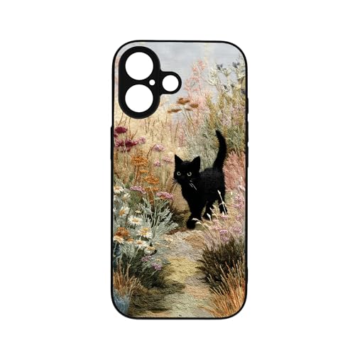 Étui de téléphone mignon chat noir housse antichoc broderie iPhone 17