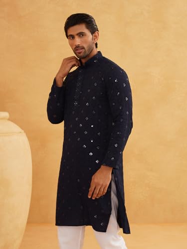 Image of SOJANYA (Since 1958 Men's Cotton Embroidered Sequinned Kurta with white Churidaar Pyjama