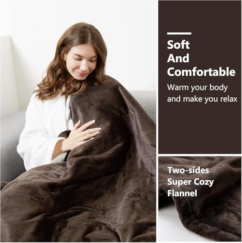 Image of Tefici Electric Heated Blanket Throw, Super Cozy Soft 2-Layer Flannel 50 inch x 60 inch Heated Throw with 3 Heating Levels & 4 Hours Auto Off, Machine Washable, ETL&FCC Certified, Home Office Use,Brown