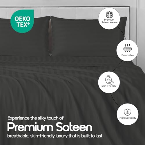 Image of LINENWALAS Cotton 300 Thread Count Double Size Bedsheet Set | 2 cm Sateen Stripe Design | Cloud-Soft, Breathable & Skin-Safe | Oeko-TEX Certified Hotel-Style Bedding (90 x 100, Dark Grey)