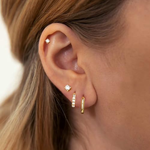 4 Pairs Gold Studs Earrings for Women, 14K Gold Plated Huggie Hoop Stack Earrings Set for Multiple Piercing, Hypoallergenic Cartilage Jewelry with Cubic Zirconia for Sensitive Ears (Gift Ready)3