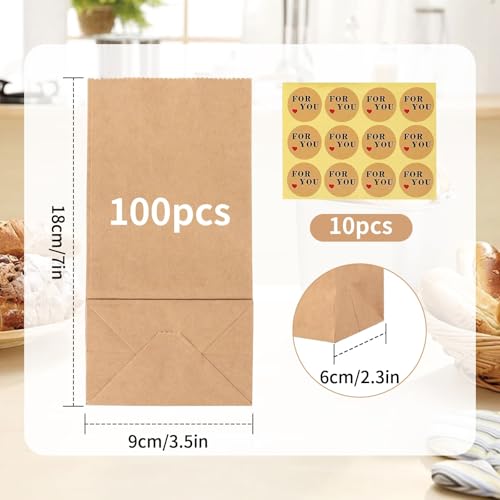 Eidoct 100 PCS Brown Reusable Kraft Paper Bags, Medium 9x6x18 CM, with 120 Stickers, for Kids, Food Storage & Gift Bags