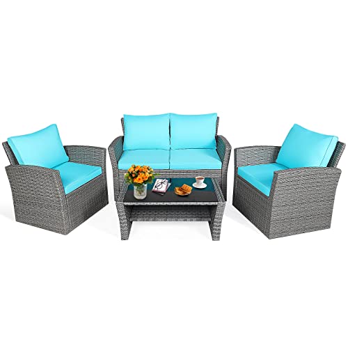 Tangkula 4 Pieces Patio Sectional Rattan Sofa Set