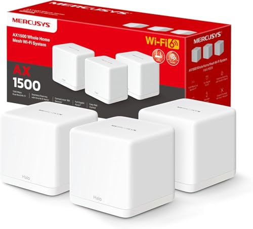Mercusys Halo H1500X Wi-Fi 6 Mesh WLAN Set (3er Pack), AX1500 Dual Band Router & Repeater, Gigabit-Port, empfohlen für Häuser mit 3-5 Schlafzimmern, nahtloses Roaming, MERCUSYS App