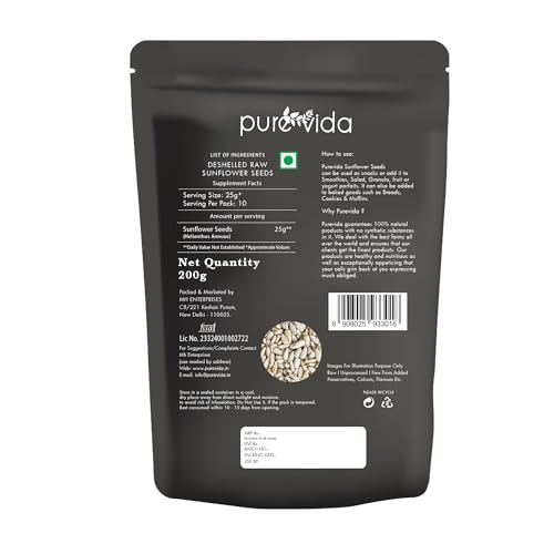 Image of Purevida Sunflower Seeds 200gm | Nutrient-Rich Superfood for Heart & Skin Health | High in Vitamins, Minerals & Healthy Fats | Natural, Gluten-Free | Perfect for Snacking, Salads, Baking & Smoothies