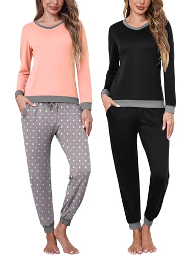 Frcdaunrs Pj Sets for Woman Long Sleeve 2 Piece Pajama Sets Soft Sleep Wear V Neck Loungewear Drawstring Pants With Pockets