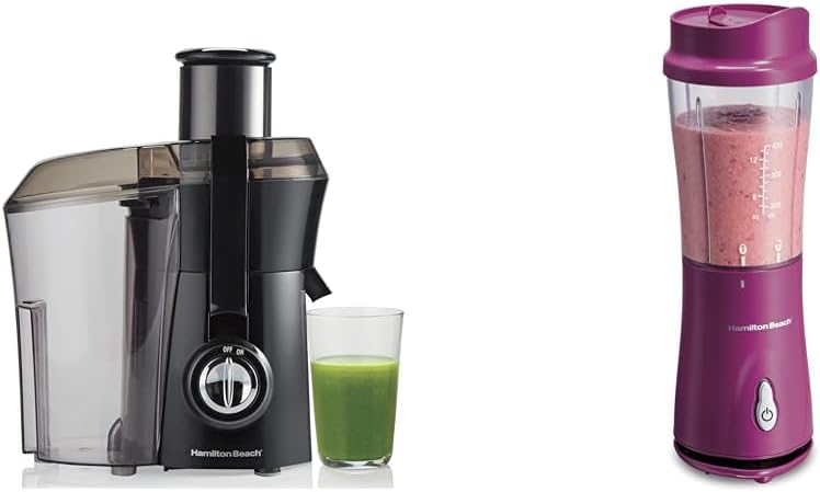 Hamilton Beach Juicer Machine, Big Mouth Large 3” Feed Chute for Whole Fruits and Vegetables & Portable Blender for Shakes and Smoothies with 14 Oz BPA Free Travel Cup and Lid Hamilton Beach Juicer Machine, Big Mouth Large 3” Feed Chute for Whole Fruits and Vegetables & Portable Blender for Shakes and Smoothies with 14 Oz BPA Free Travel Cup and Lid
