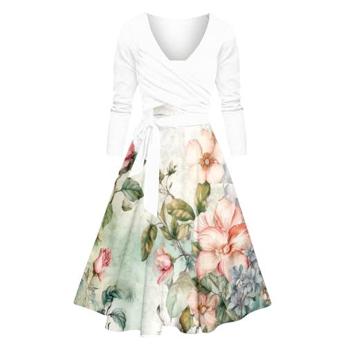 Robe décontractée taille haute imprimé floral col en V chic au genou pour femme