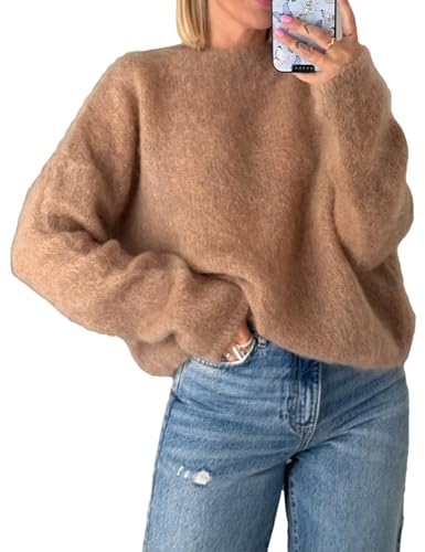 Womens Soft Fuzzy Knit Sweater Oversized Cozy Pullover Jumper Long Sleeve Casual Crewneck Sweater