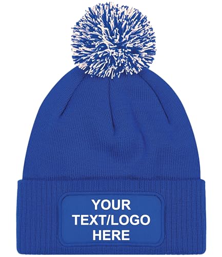 Image of Personalised Pom Pom Beanie Hat Winter Bobble Hat with Logo, Text or Photo, Warm Knitted Beanie Cap for Men & Women, Workwear, Teams, Events & Gifts, 8 Colour Options (Blue)