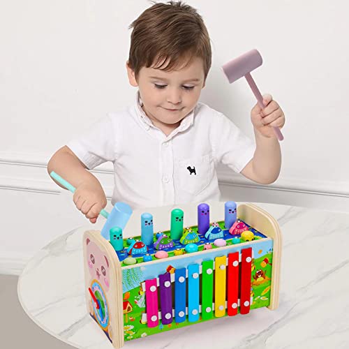 7 In 1 Wooden Hammering Whack-A-Mole Toys, Xylophone Montessori Toys Pounding Bench With Fishing Game Clock Learning Toy For Toddlers Boys Girls 1-6 Years Old #TOP4