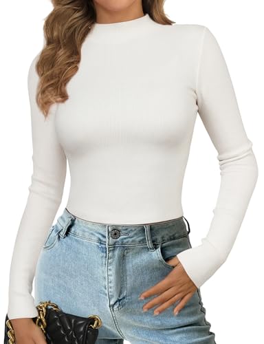 Image of Women's Mock Neck Long Sleeve Shirts Ribbed Knit Sweaters Lightweight Basic Slim Fitted Thermal Underwear Tops