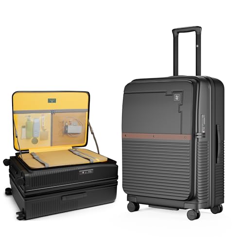 Image of EUME Aerotop Checkin Trolley Bag Medium | Space Saving Top Open Suitcase | Expandable Hardshell Polycarbonate Luggage | TSA Lock, Anti Theft Zipper, Super Silent Wheels | 78L Charcoal Black