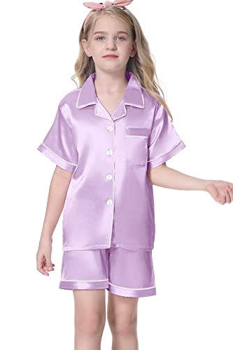 Umeyda Womens Girls Silk Satin Pajamas Set Short Sleeves Matching Classic Sleepwear Loungewear, Light Purple, X-Small