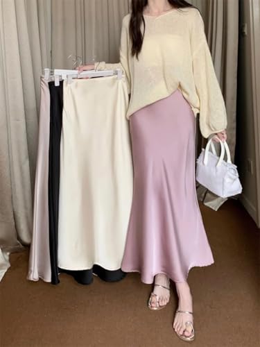 Women's Satin Silk A-Line Long Skirt High Waist Solid Fishtail Skirt3