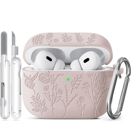 Image of Flower Engraved Case for Apple AirPods Pro 2nd /1st Generation, Soft Silicone AirPods Pro 2 Gen Protective Case Cover for Women Airpod Case with Clean Kit,Carabiner,Front LED Visible,Sand Powder