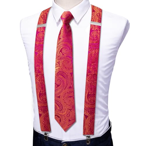 Image of Barry.Wang Men Suspender Set with Necktie Elastic Y Type Heavy Duty 6 Clips Braces Tie Handkerchief Cufflink Pin 6PCS