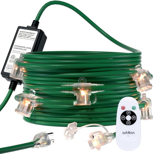addlon 50FT Outdoor Extension Cord with Remote Control, 6 Outlets with Indicator Lights, Heavy Duty 16/3 SJTW Weatherproof Power Cable for Christmas Halloween Decorations, Green, ETL Listed