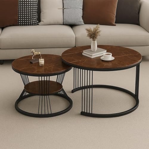 Image of Elegent Coffee Table Set of 2 | Marble Look End Tables | Center Table with Storage Shelf | Metal Frame Neasting Table for Living Room Bedroom or Apartments (Black Antique)
