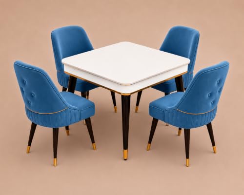 Image of WOODEN SPACE 4 Seater Wooden Dining Table Set | Urban Marble Top Dining Table with Chairs for Dining Room & Kitchen (Modern Grand Aura Blue) (42 x 42 x 30 inch)