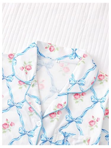 Image of Verdusa Women's 2 Piece Floral Bow Pajama Set Short Sleeve Button Down Shirt and Shorts Set