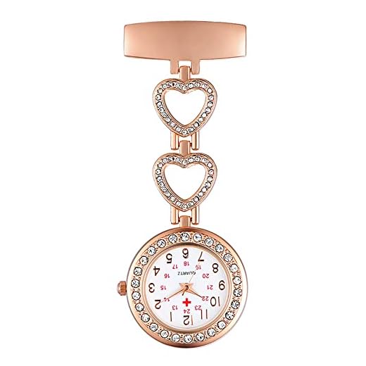 Silverora Krankenschwesteruhr Nurse Watch Liebe Zirkonia Herz Schwesteruhr Quarz Clip-on Taschenuhren für Arzt Medizinische Uhr Sanitäter Geschenk Rosegold