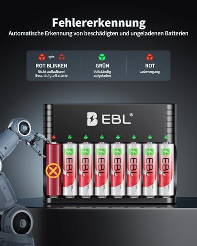 EBL Lithium Akku AA 8 Pack mit Ladegerät, 1.5v 3000mWh 1600 Zyklen Langlebige AA Wiederaufladbare Batterien, Ladegerät für Li-Ion und NIMH Akkus