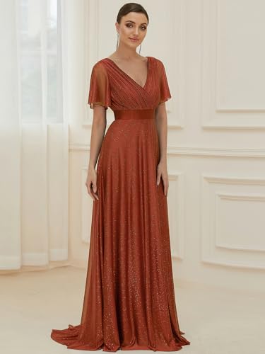 Image of Ever-Pretty Women's Summer Glitter Formal Dresses Evening Gown V Neck Short Sleeves Floor Length Mother of Bride Dress 50159