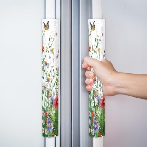 Image of Pardick Spring Flower Grass Refrigerator Door Handle Covers Set of 2 Spring Flower Grass Washable Fridge Dishwasher Mocrowave Oven Door Decor Protector Handle Cover Kitchen Appliance Decorative