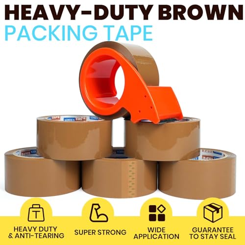 Image of ADHES Brown Packing Tape with Dispenser, 1.88 Inch x 55 Yards | 36 Rolls Heavy Duty Shipping Tape for Moving Boxes, Packaging and Storage, Strong Adhesive