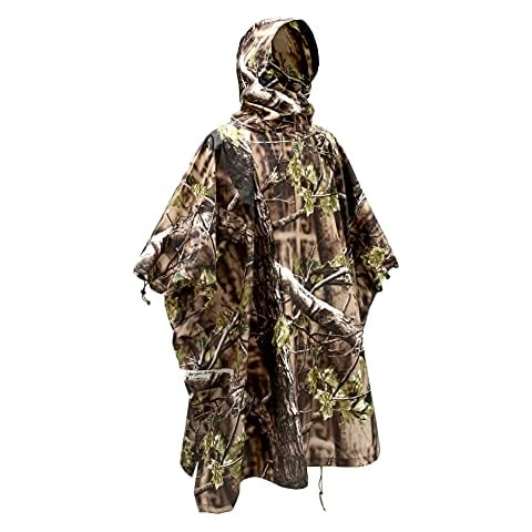 AUSCAMOTEK Woodland Camo Rain Poncho Hooded Waterproof Camouflauge Raincoat for Hunting Hiking Camping Fishing Forest Green Average Size Cover