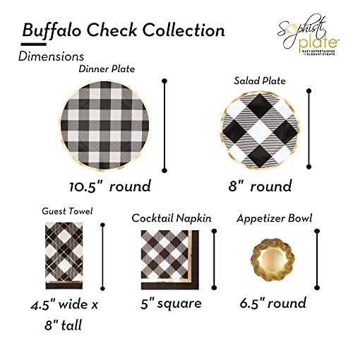 Sophistiplate Paper Table Setting, Elegant Disposable Paper Plates, 64 Piece Set, 8 Dinner Plates, 8 Salad Plates, 8 App Plates, 20 Cocktail Napkins, 20 Guest Napkins, Buffalo Check #TOP2