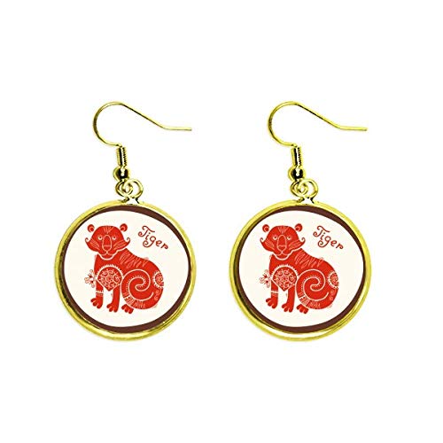 Pendientes de tigre del zodiaco chino en rojo y dorado para mujer