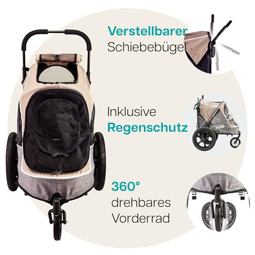 Hundebuggy und Fahrradanhänger für Hunde - Innopet Sporty Evolution Latte 2-in-1 - Beige/Grau - Reflektoren & Sicherheitsleinen - Hundewagen für alle Untergründe