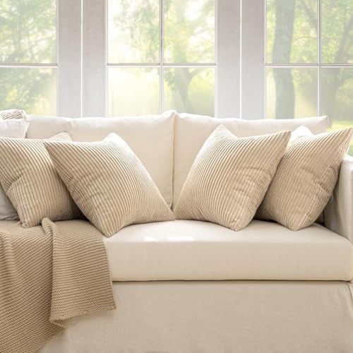 Image of MIULEE Boho Farmhouse Throw Pillow Covers 20x20 Inch Set of 4 Mordern Nordic Cushion Covers Soft Corduroy Spring Home Decor for Couch Bed Sofa Living Room Beige