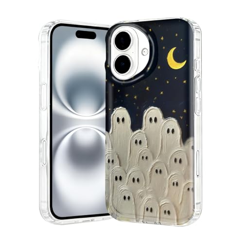 DTJHTBJY for iPhone 16 Case, Halloween Case for iPhone 16, Moon Stars Ghosts Pattern, Clear Black Ghost Phone Cover, Great, Slim, Scratch Resistant, Shockproof – Women & Men (A022)