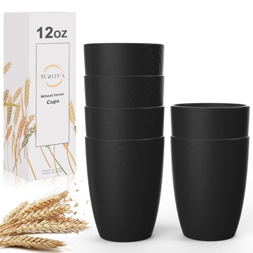 Wrova Wheat Straw Cups 6 PCS Good Alternative to Plastic Reusable Cups 12 oz Unbreakable Drinking Cup Reusable Dishwasher Safe Water Plastic Glasses Black by Wrova - Used condition - US$10.61