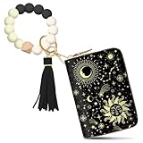 Yonlevres Moon Sun Credit Card Holder Keychain Wristlet Bracelet Wallet Women, Small Wallet with Silicone Beaded Zipper, Leather Mini RFID Blocking Wallets Wrist Strap Card Case Accordion Gift