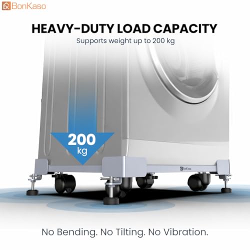 Image of BonKaso Adjustable Heavy Duty Appliance Stand with Wheels & Anti-Slip Pads | Steel Frame Trolley for Washing Machine, Refrigerator & Dishwasher | Load Capacity 200 Kg (50x43x12.5 cm) Grey