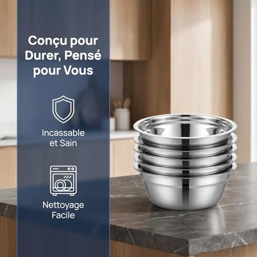 iplusmile 4 Pièces Bol Inox Cul de Poule Saladier Bassine Métallique Assiette Creuse pour Soupe Gamelle Incassable Cuisine Camping 14cm – vue 3