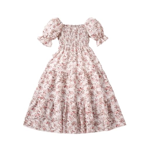 EIAY Shop Girls Floral Casual Dress Puff Sleeve Plaid Smocked Dresses Square Neck for 7-12 Years