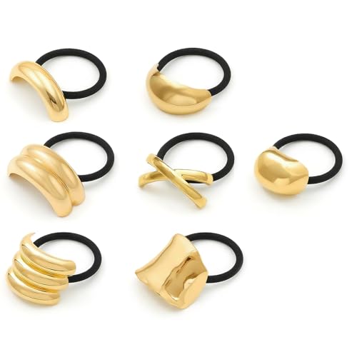 Image of Set of 7 Metal Hair Tie, Gold Metal Elastic Hair Bands, Stunning Gold Hair Cuffs Set, Perfect for Ponytails and Versatile Styling Options