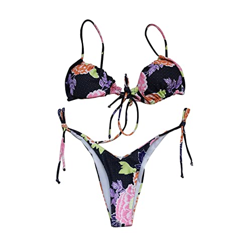 Bikini triangle uni taille haute pour femmes avec haut push up et tanga à lacets