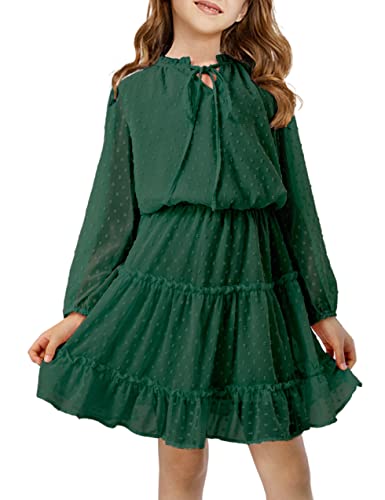 Girls Dresses Size 6 Size 7 Green Dress For Girls Swiss Dot Mesh Long Sleeve Kids Casual Dress Halter Neck Dress Knee Length Flowy Dress Short A-Line Girls Spring Summer Dresses Fancy Dress For Girls #TOP5