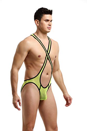 4UFiT Mens Mesh Wrestling Singlet Jockstrap Bodysuit Active Underwear Yellow
