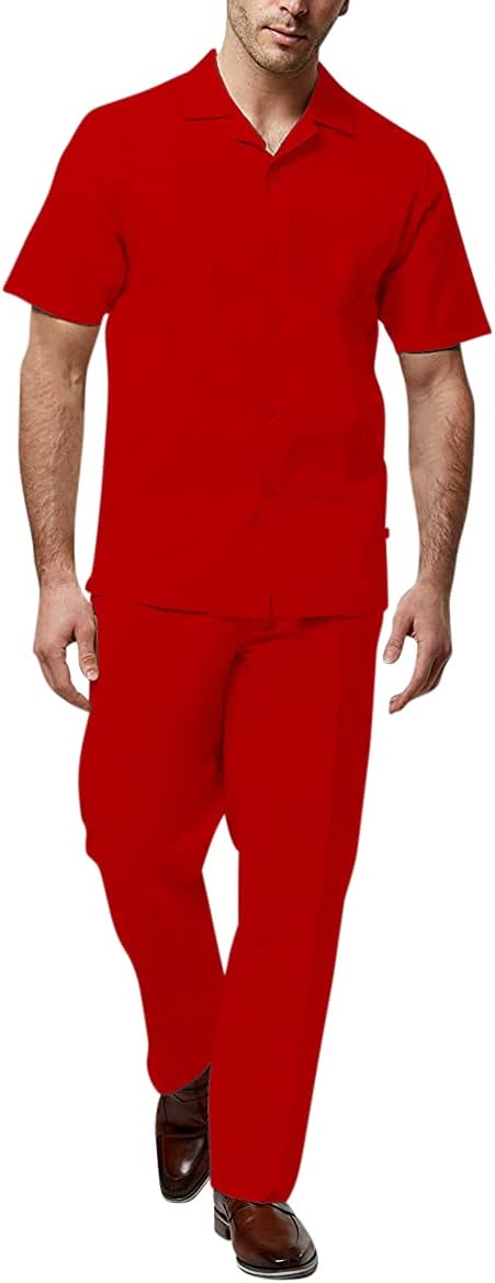 Adam Baker Men's 2-Piece (Long Pants and Short Sleeve Shirt) Linen-Cotton Blend Walking Suit Set