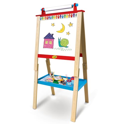 Crayola Double Sided Wood Art Easel for Kids – Dry Erase & Chalkboard Surfaces, Storage Tray, Paper Roll Holder, Eraser & Chalk Included – Creative Drawing & Painting Station for Ages 3+