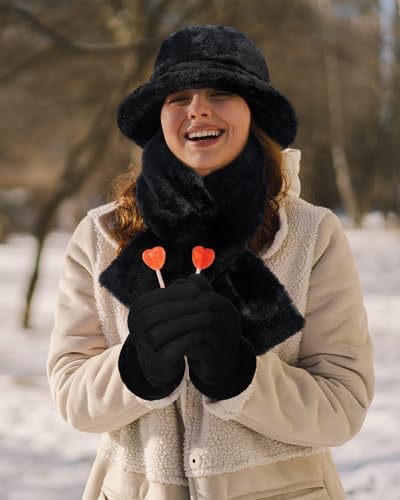 Chuarry 3 Pcs Winter Warm Fleece Hat Scarf and Gloves Set for Women Black Furry Bucket Hat Fur Collar Scarf Touchscreen Gloves Fluffy Warm Winter Gift for Women Outdoors2